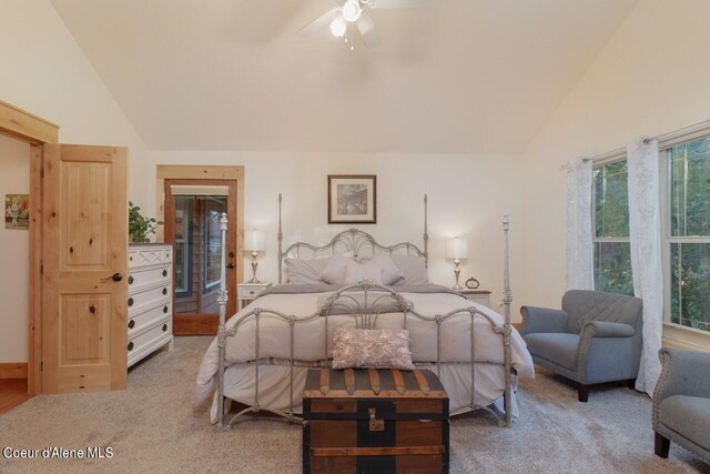 bedroom with carpet flooring, high vaulted ceiling, and ceiling fan