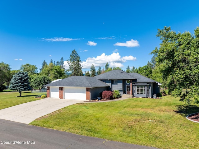 ranch-style house with a front yard and a garage