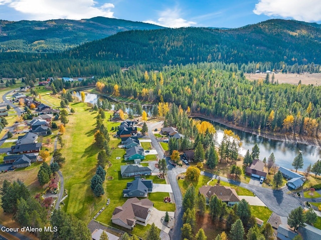 birds eye view of property featuring a water and mountain view