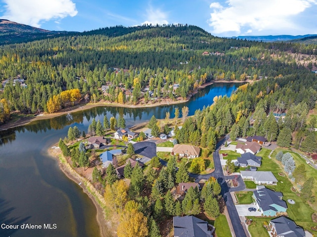 bird's eye view with a water and mountain view