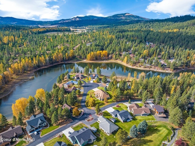 drone / aerial view with a water and mountain view