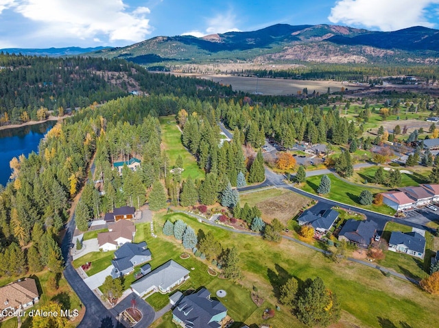 birds eye view of property with a water and mountain view