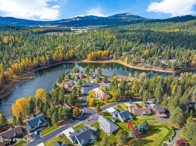 bird's eye view with a water and mountain view