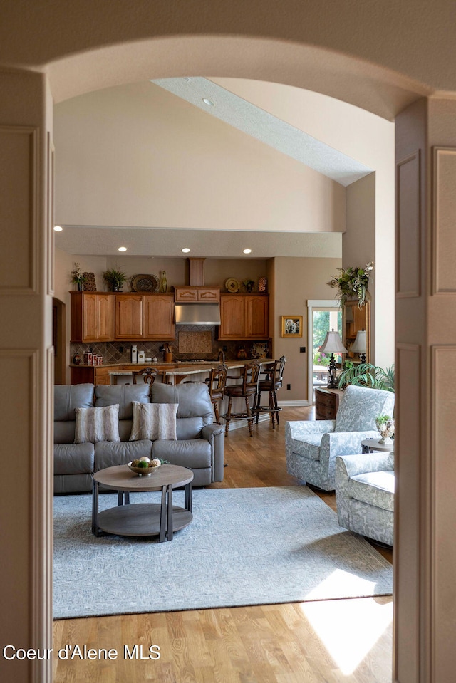 living room featuring high vaulted ceiling and light wood-type flooring