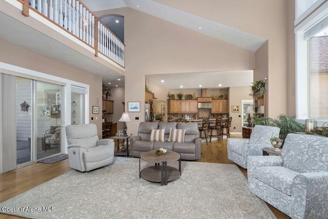 living room featuring high vaulted ceiling and light hardwood / wood-style floors