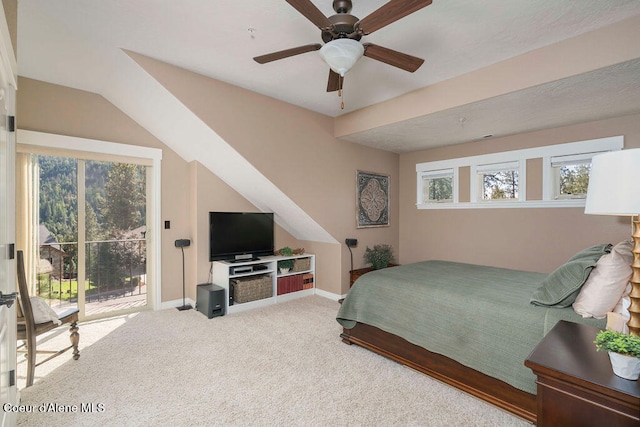 carpeted bedroom with access to outside and ceiling fan