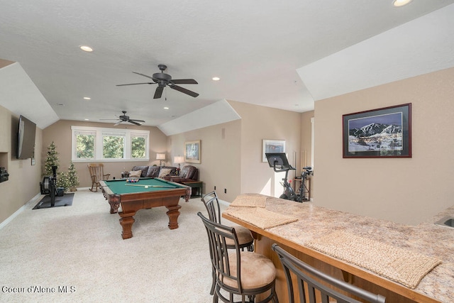 playroom with billiards, light carpet, ceiling fan, and vaulted ceiling