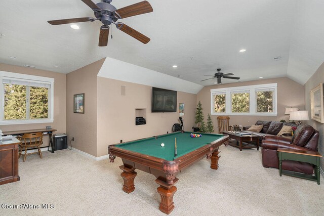 playroom featuring a wealth of natural light, light carpet, billiards, and vaulted ceiling