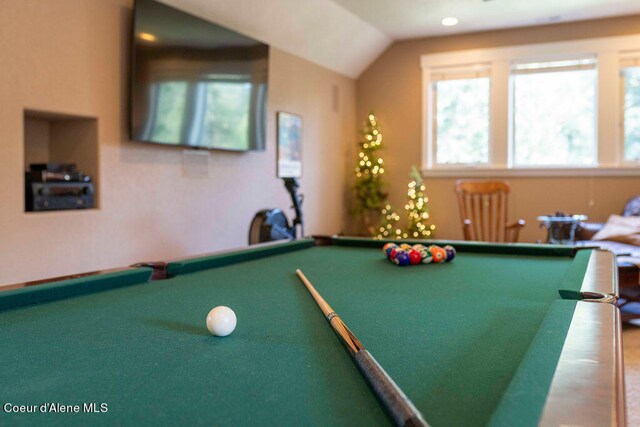 game room with carpet floors, billiards, and lofted ceiling