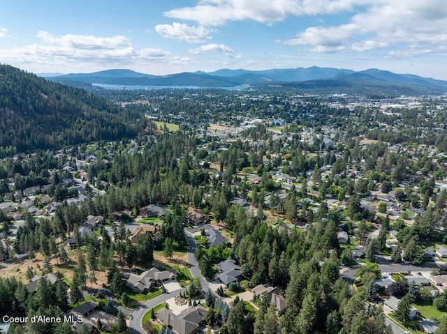 drone / aerial view featuring a mountain view