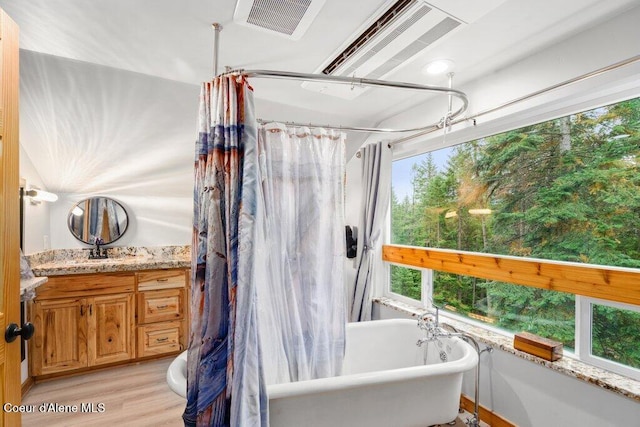 bathroom with vanity, hardwood / wood-style flooring, and plenty of natural light