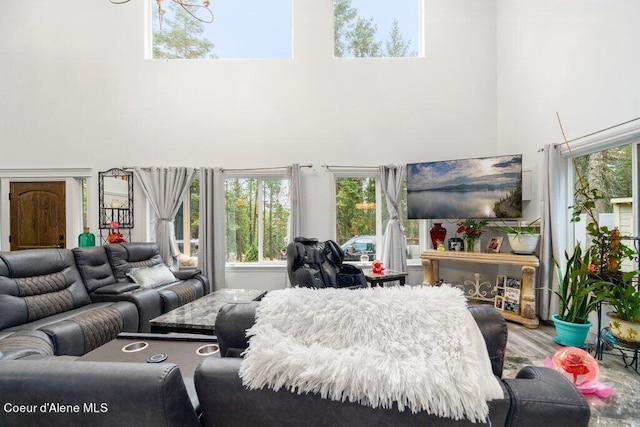 living room featuring a towering ceiling