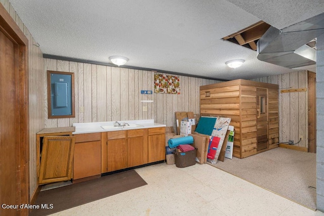 905 S Tanglewood Rd, Post Falls, ID 83854 - finished below grade area featuring electric panel, a textured ceiling, wooden walls, tile patterned floors, and a sink