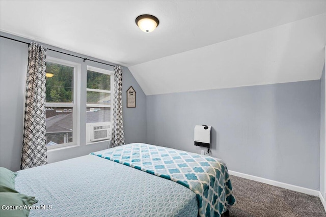 bedroom featuring vaulted ceiling, cooling unit, and carpet flooring