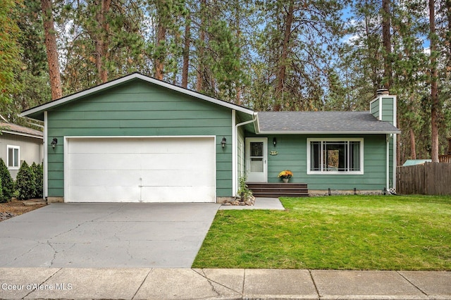 single story home featuring a front yard and a garage