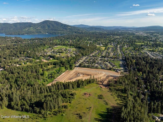 bird's eye view featuring a water and mountain view