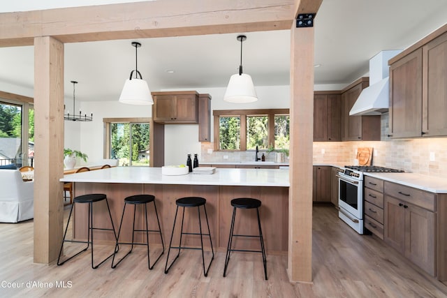 11996 N Rocking R, Hayden, ID 83835 - kitchen featuring gas range gas stove, plenty of natural light, light wood-style floors, and decorative backsplash