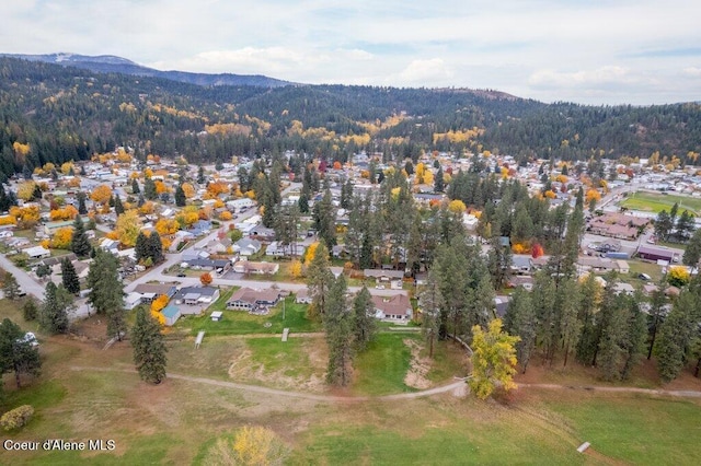 drone / aerial view with a view of trees, a residential view, and a mountain view