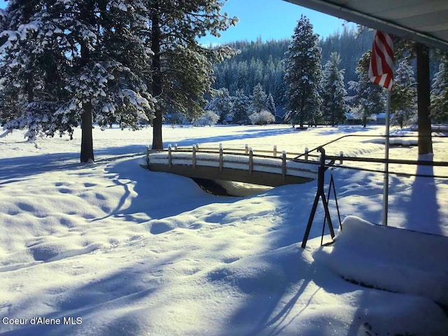 yard covered in snow with a view of trees and fence