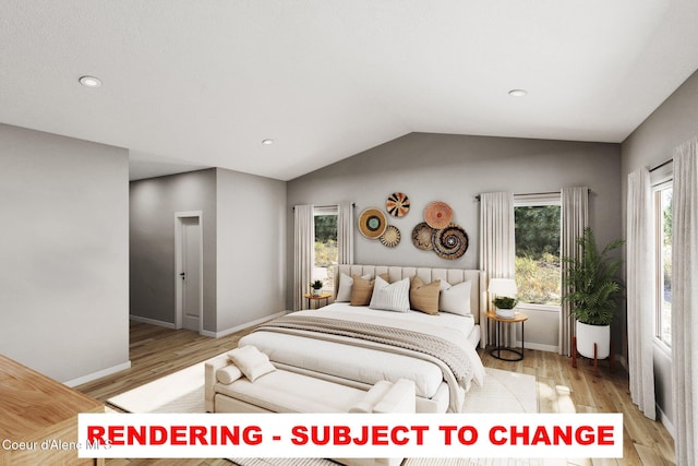 bedroom featuring light hardwood / wood-style floors, multiple windows, and vaulted ceiling