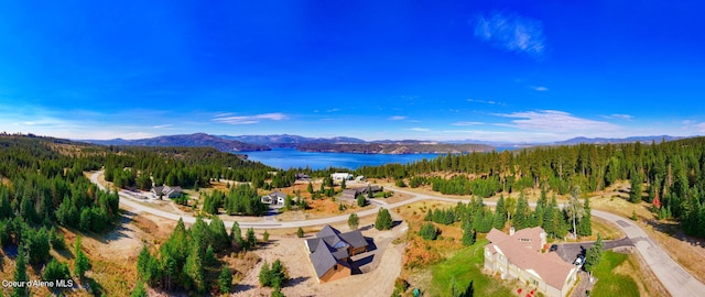 bird's eye view featuring a water and mountain view