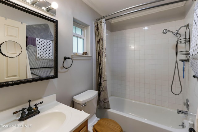 296 Ullr Dr, Sandpoint, ID 83864 - bathroom featuring shower / bath combo with shower curtain, crown molding, toilet, and vanity