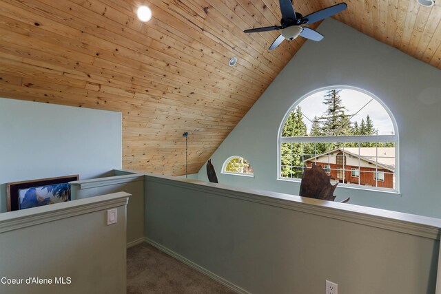 296 Ullr Dr, Sandpoint, ID 83864 - bonus room featuring a ceiling fan, high vaulted ceiling, wood ceiling, and carpet