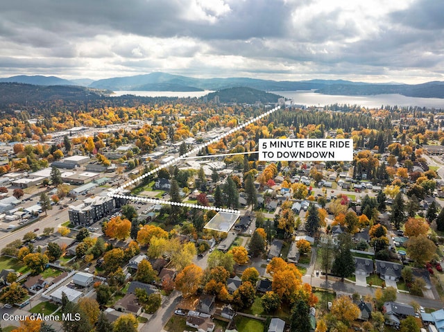 birds eye view of property with a water and mountain view