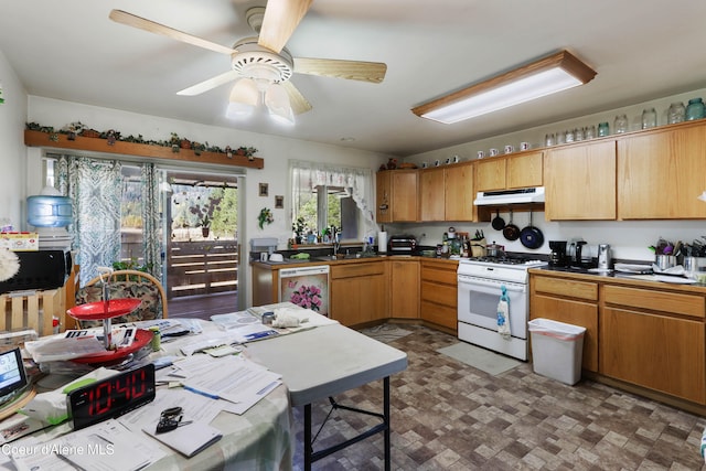 kitchen with white gas range, ceiling fan, dishwasher, and sink