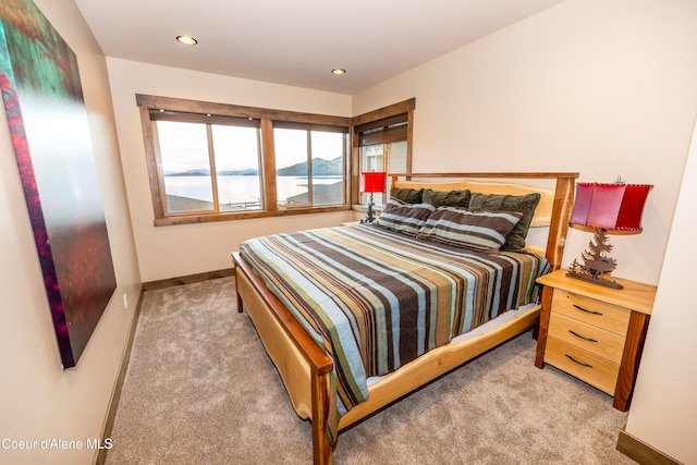 carpeted bedroom with a water view