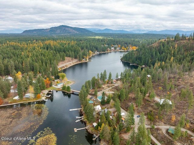 aerial view featuring a water and mountain view