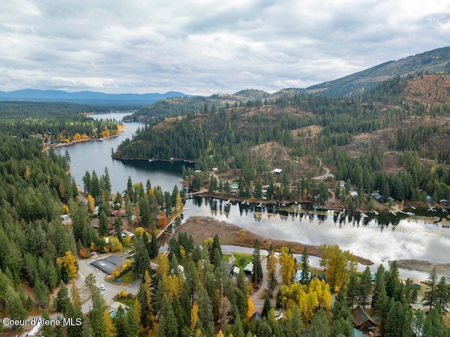 drone / aerial view featuring a water and mountain view