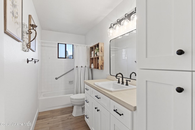 full bathroom with vanity, shower / bath combo with shower curtain, wood-type flooring, and toilet