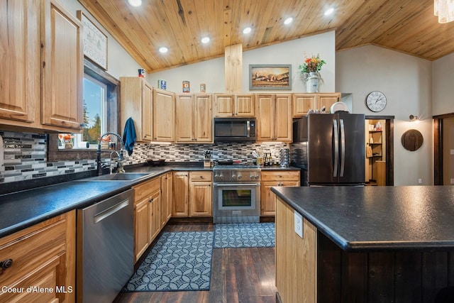 kitchen featuring wood ceiling, backsplash, sink, black appliances, and dark hardwood / wood-style flooring