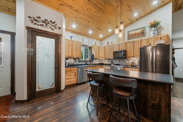 kitchen with stainless steel appliances, wooden ceiling, pendant lighting, high vaulted ceiling, and dark hardwood / wood-style floors