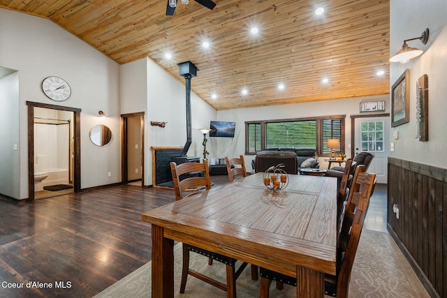 dining space featuring dark hardwood / wood-style floors, high vaulted ceiling, wooden ceiling, and ceiling fan