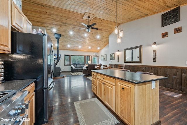 648 Curley Creek Rd, Moyie Springs, ID 83845 - kitchen featuring dark countertops, wood ceiling, dark wood-type flooring, ceiling fan, and open floor plan