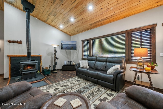 living room with lofted ceiling, wood ceiling, wood-type flooring, and a wood stove