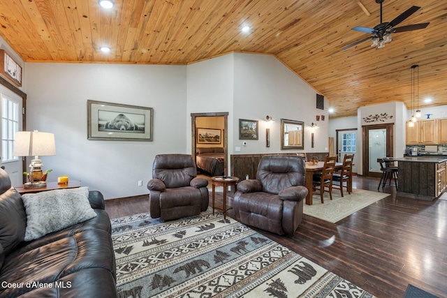 living room with ceiling fan, wood ceiling, high vaulted ceiling, and dark hardwood / wood-style flooring