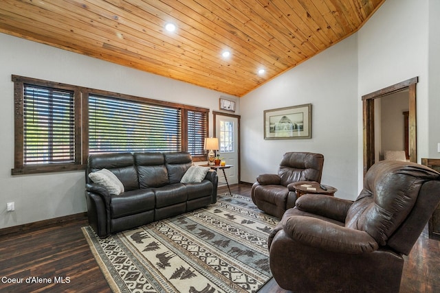 living room featuring dark hardwood / wood-style floors, high vaulted ceiling, and wooden ceiling