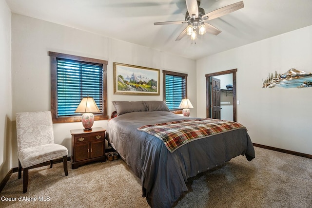 carpeted bedroom featuring a walk in closet, a closet, and ceiling fan