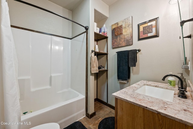 full bathroom featuring vanity, toilet, and shower / bathtub combination with curtain