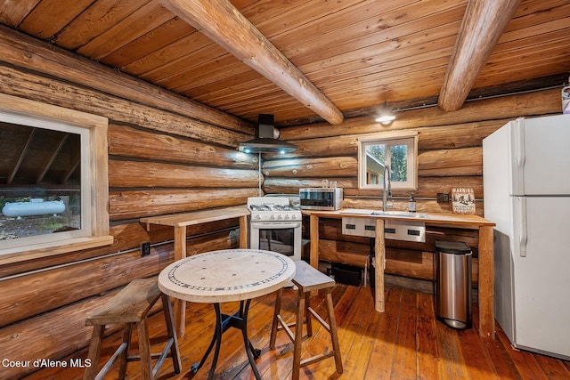 kitchen with hardwood / wood-style flooring, beam ceiling, wooden ceiling, log walls, and white appliances