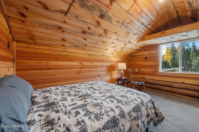 carpeted bedroom featuring wood ceiling, wood walls, and lofted ceiling