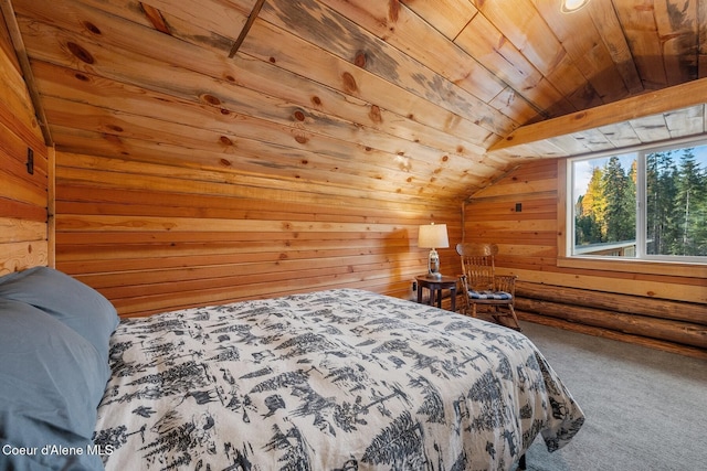 648 Curley Creek Rd, Moyie Springs, ID 83845 - bedroom with wooden ceiling, carpet flooring, vaulted ceiling, and wood walls