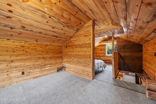 bonus room with light carpet, vaulted ceiling, wood ceiling, and wood walls