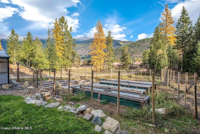648 Curley Creek Rd, Moyie Springs, ID 83845 - view of yard with a vegetable garden, fence, and a mountain view