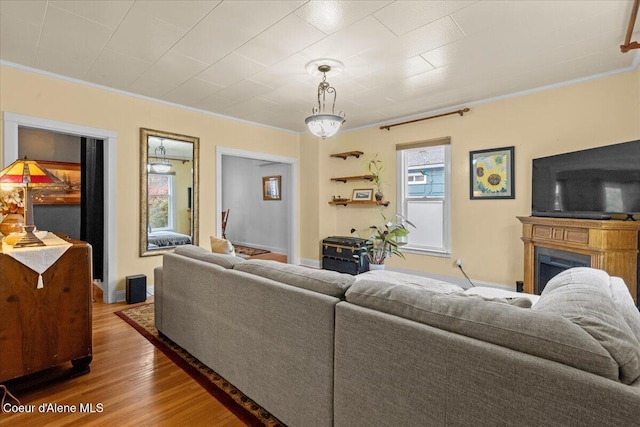 living area featuring crown molding, wood finished floors, a fireplace, and baseboards