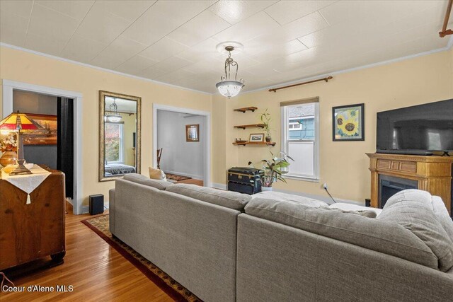 952 N 5th St, Coeur Dalene, ID 83814 - living area featuring crown molding, wood finished floors, a fireplace, and baseboards