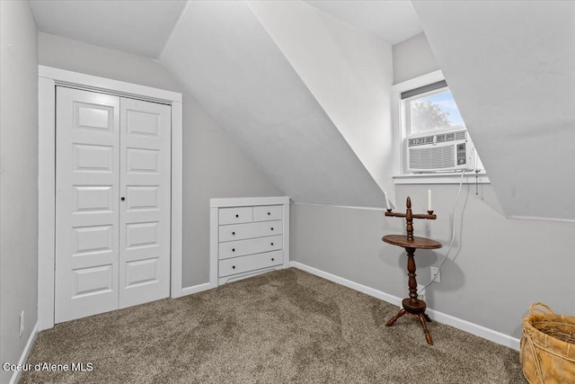bonus room featuring carpet, vaulted ceiling, cooling unit, and baseboards